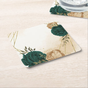 Emerald green beige gold botanical wedding square paper coaster