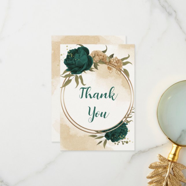 Emerald green beige gold botanical wedding thank you card (Front/Back In Situ)