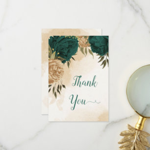 Emerald green beige gold botanical wedding thank you card
