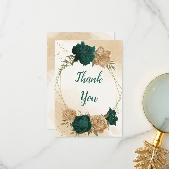 Emerald green beige gold botanical wedding thank you card (Front/Back In Situ)