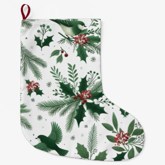 Emerald Green Berries and Birds Large Christmas Stocking