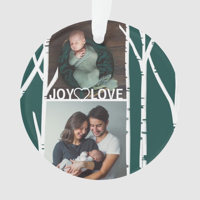 Emerald Green Birch Tree Love & Joy Multiple Photo Ornament (Front)