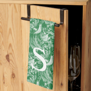Emerald Green Bird Floral Intricate Vintage Art Kitchen Towel