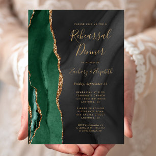 Emerald Green Black Agate Wedding Rehearsal Dinner Invitation