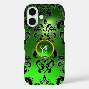 EMERALD GREEN BLACK DAMASK GEM MONOGRAM Floral iPhone 16 Case