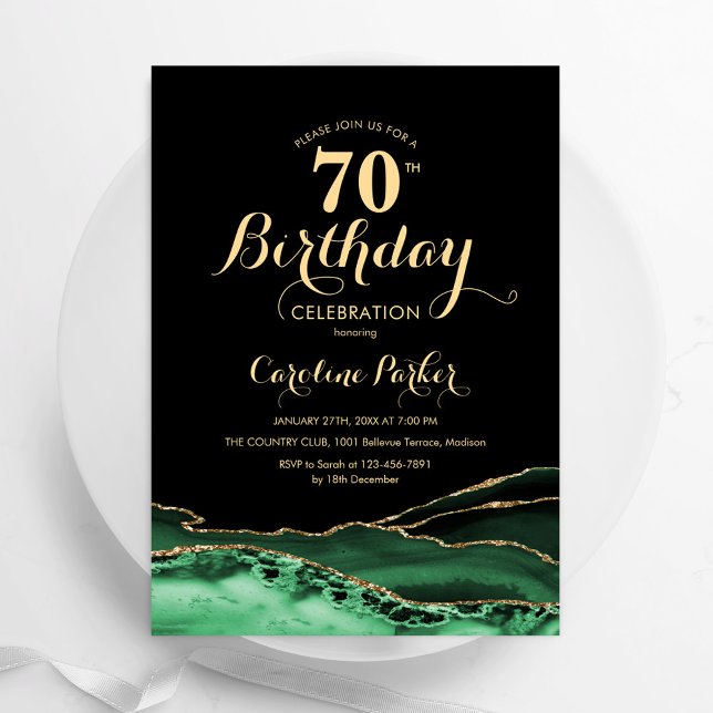 Emerald Green  Black Gold Agate 70th Birthday Invitation (Creator Uploaded)