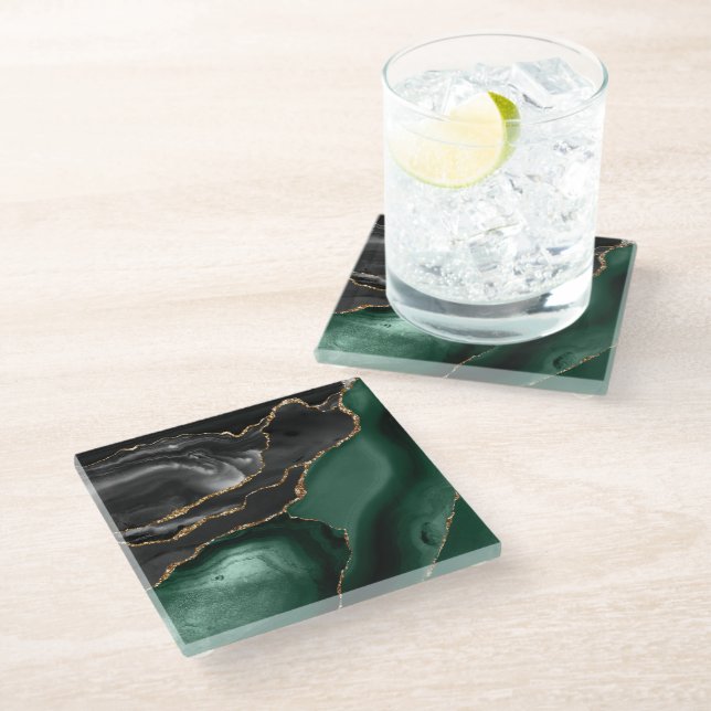 Emerald Green Black Gold Agate Glass Coaster (Angled)