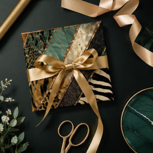 Emerald Green Black Gold Animal Print Wrapping Paper