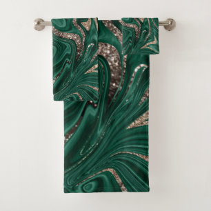 Emerald Green Black Gold Glitter Marble #1 Bath Towel Set