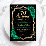 Emerald Green Black Gold Surprise 70th Birthday Invitation<br><div class="desc">Surprise 70th Birthday Party Invitation. Feminine black and emerald green design with faux glitter gold. Features roses,  script font and confetti. Perfect for an elegant women's bday celebration. Can be personalized to show any age. Printed Zazzle invitations or instant download digital printable template.</div>