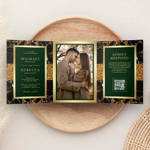 Emerald Green Black Marble Gold QR Code Wedding Tri-Fold Invitation