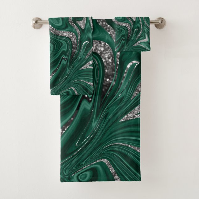Emerald Green Black Silver Glitter Marble #1  Bath Towel Set (Insitu)