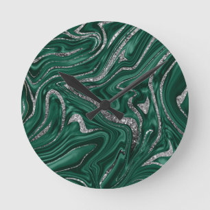 Emerald Green Black Silver Glitter Marble #1 Round Clock
