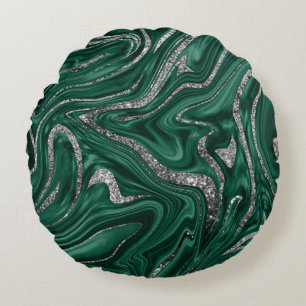 Emerald Green Black Silver Glitter Marble #1  Round Pillow
