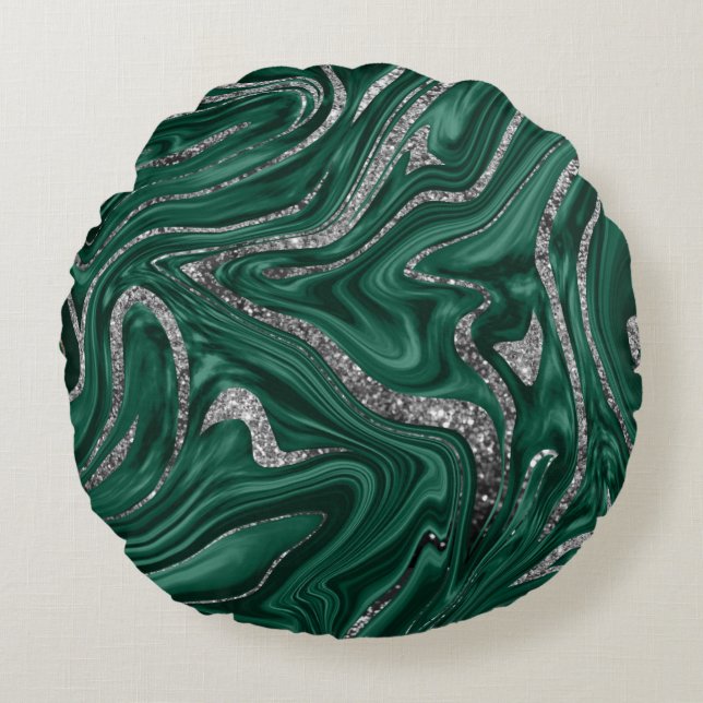 Emerald Green Black Silver Glitter Marble #1  Round Pillow (Front)