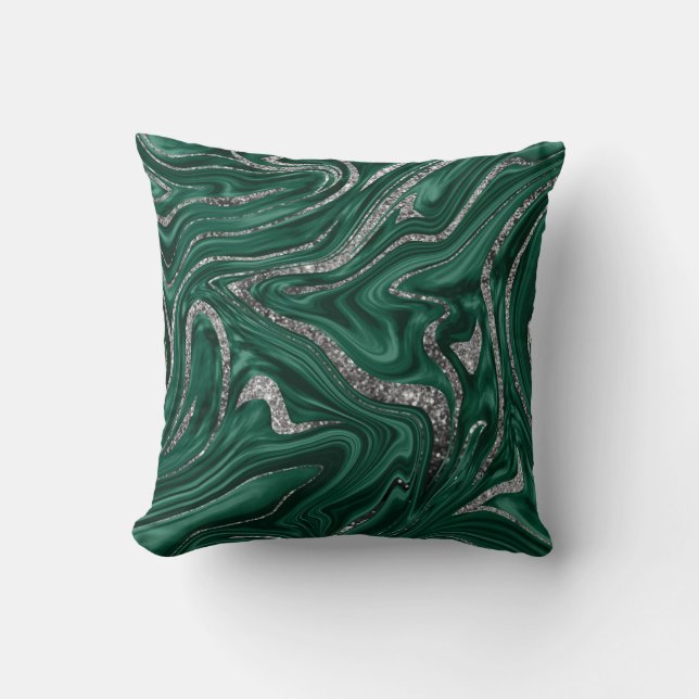 Emerald Green Black Silver Glitter Marble #1  Throw Pillow (Front)