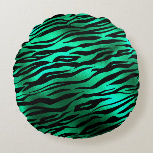 Emerald Green Black Tiger Stripes Wild Animals Round Pillow