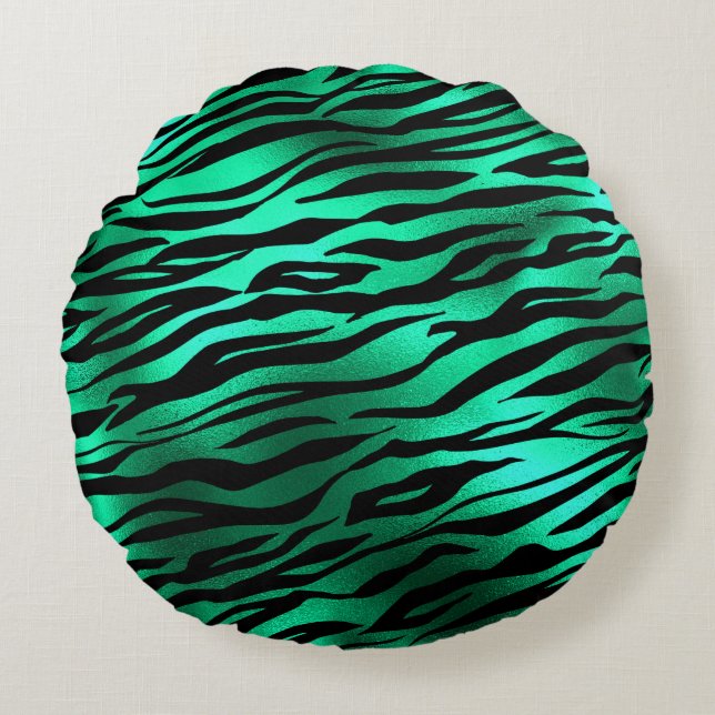 Emerald Green Black Tiger Stripes Wild Animals Round Pillow (Front)