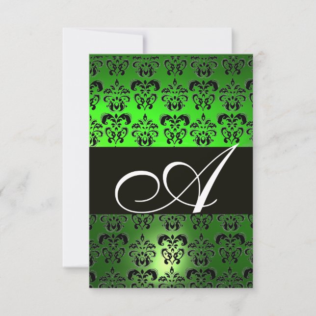 EMERALD GREEN BLACK WHITE DAMASK MONOGRAM RSVP CARD (Front)