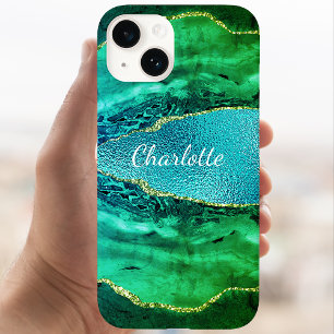 Emerald green blue agate marble name script Case-Mate iPhone 14 case