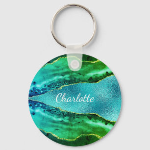 Emerald green blue agate marble name script  keychain