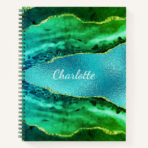 Emerald green blue agate marble name script notebook