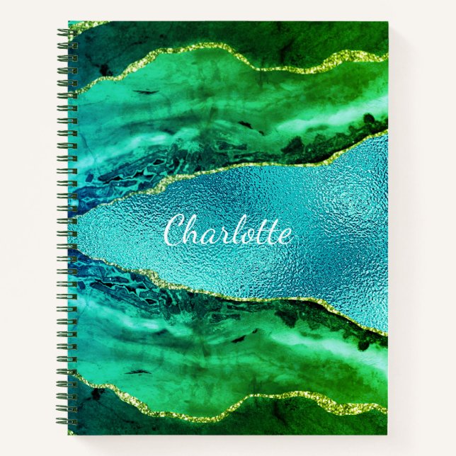 Emerald green blue agate marble name script notebook (Front)