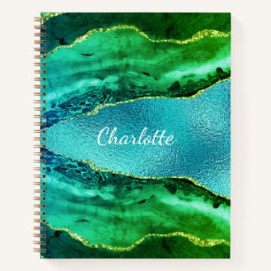 Emerald green blue agate marble name script notebook