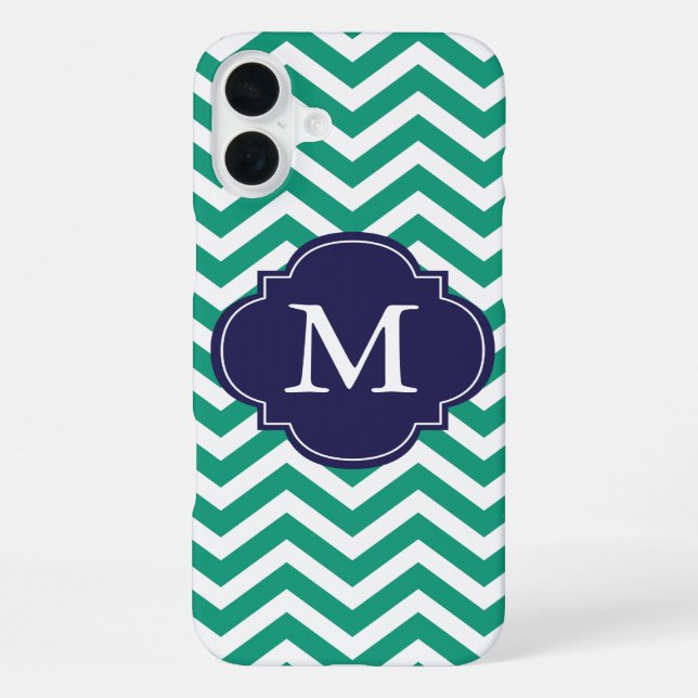 Emerald Green & Blue Zigzags Pattern Monogram iPhone Case (Back)