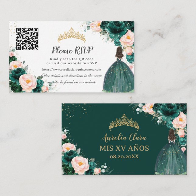 Emerald Green Blush Floral Quinceañera QR Code Enclosure Card (Front/Back)