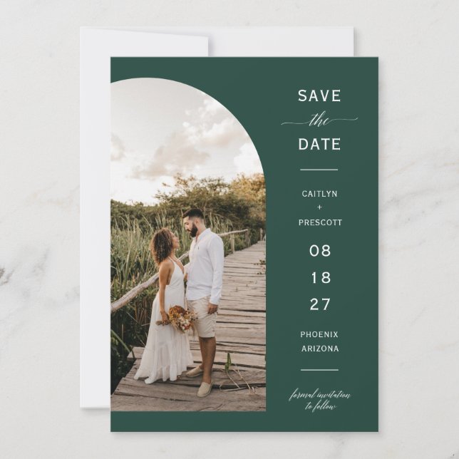 Emerald Green Boho Arc Photo QR Code Save the Date Invitation (Front)