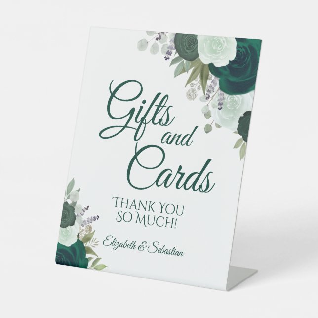 Emerald Green Boho Floral Gifts & Cards Wedding Pedestal Sign (Front)