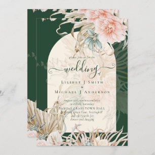 Emerald Green BOHO Peach Pampas Grass Wedding Invitation
