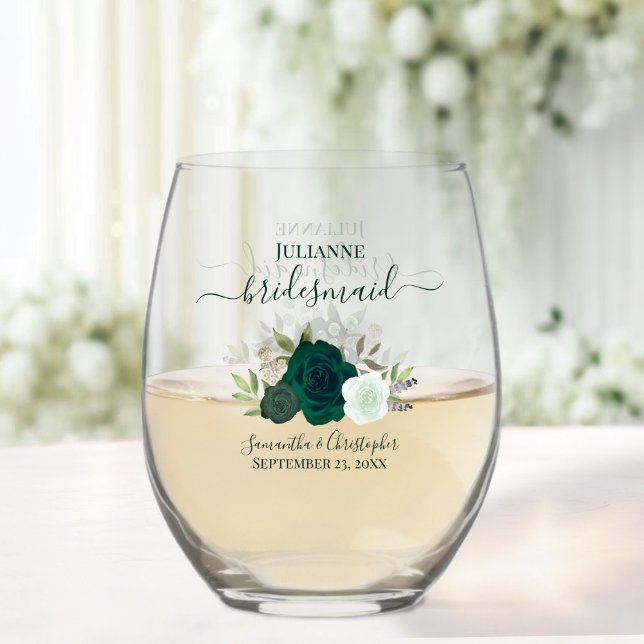 Emerald Green Boho Roses Bridesmaid Maid of Honour Stemless Wine Glass (Sold individually or in sets)