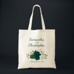 Emerald Green Boho Roses Couple's Names Wedding  Tote Bag<br><div class="desc">These wedding beautiful tote bags are a wonderful way to thank members of your bridal party or as a keepsake or memento of your special day. They feature a rustic boho chic design with the names of the bride and groom in lovely script lettering and a cluster of hand painted...</div>