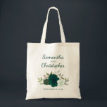 Emerald Green Boho Roses Couple's Names Wedding  Tote Bag<br><div class="desc">These wedding beautiful tote bags are a wonderful way to thank members of your bridal party or as a keepsake or memento of your special day. They feature a rustic boho chic design with the names of the bride and groom in lovely script lettering and a cluster of hand painted...</div>