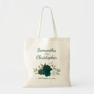 Emerald Green Boho Roses Couple's Names Wedding Tote Bag