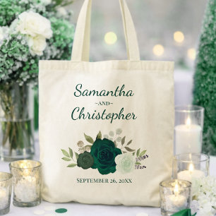Emerald Green Boho Roses Couple's Names Wedding Tote Bag