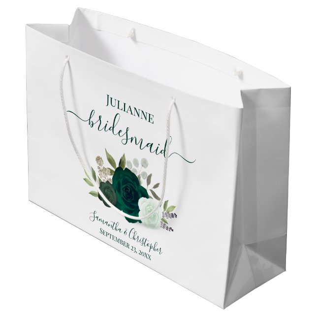 Emerald Green Boho Roses Wedding Bridesmaid Large Gift Bag (Back Angled)