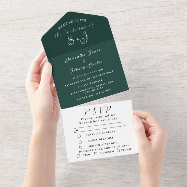 Emerald Green Boho Unique Elegant Script Wedding All In One Invitation (Tearaway)