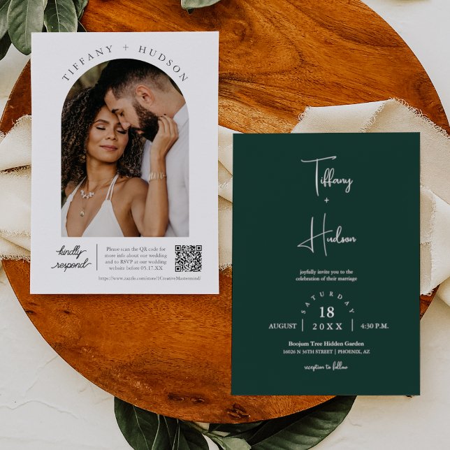 Emerald Green Boho Wedding Arch Photo QR Code Invitation (Creator Uploaded)