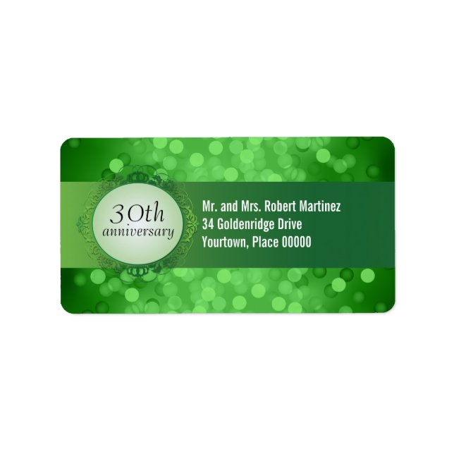 Emerald Green Bokeh 30th Anniversary Address Label (Front)