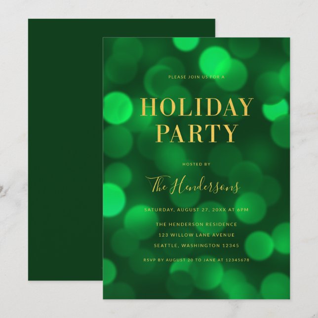Emerald Green Bokeh Lights Faux Gold Holiday Party Invitation (Front/Back)