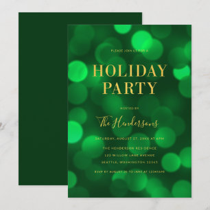 Emerald Green Bokeh Lights Faux Gold Holiday Party Invitation