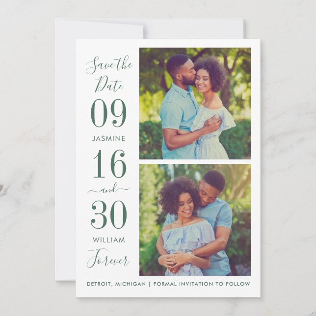 Emerald Green Bold Date Two Photo Forever Wedding Save The Date (Front)