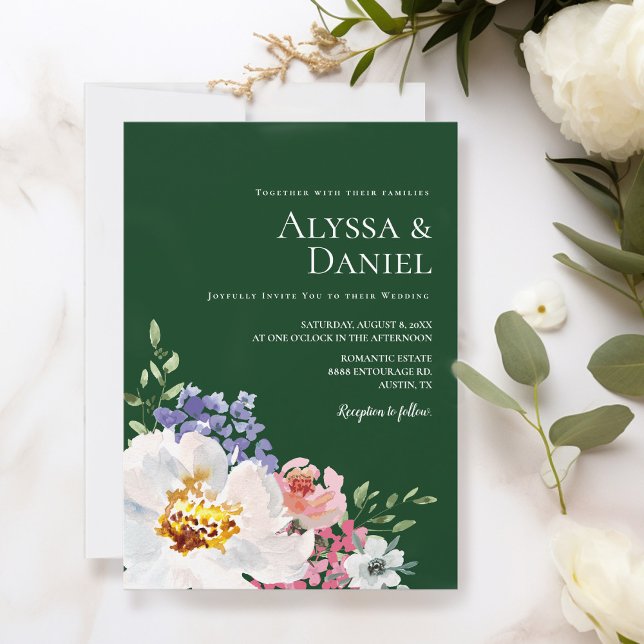 Emerald Green Bold Floral Watercolor Wedding Invitation (trendy emerald green, vibrant, bold floral blooms wedding invitation template.)