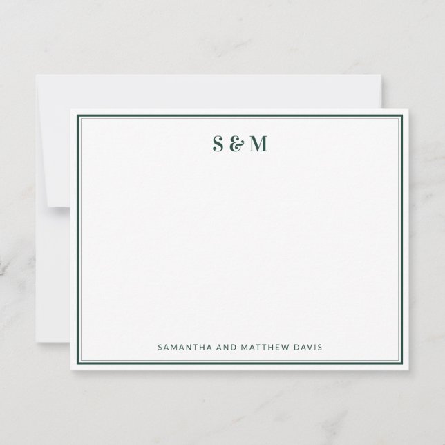 Emerald Green Border Simple Elegant Monogram Card (Front)