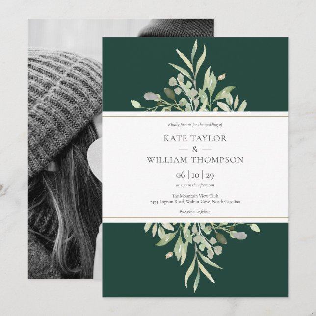 Emerald Green Botanical Photo Wedding Invitation (Front/Back)