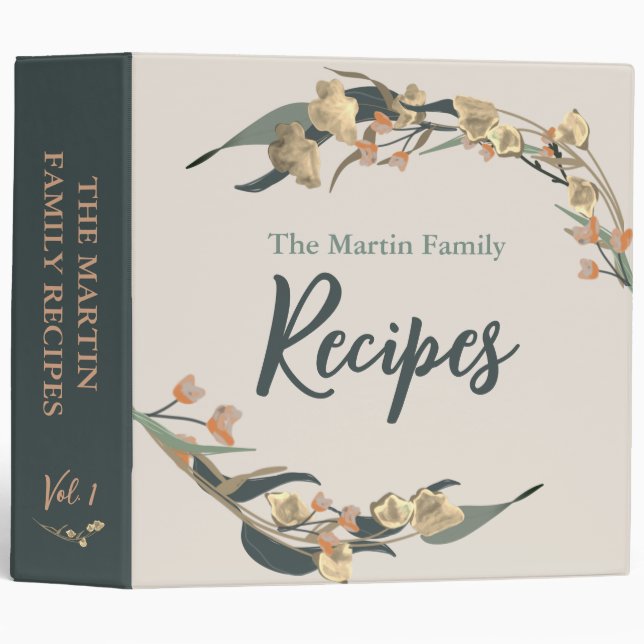 Emerald Green Botanical Watercolor Family Recipe Binder (Front/Spine)