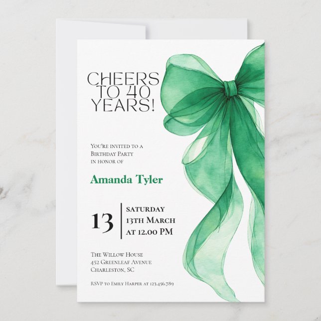 Emerald Green Bow 40th Birthday Invitation (Front)